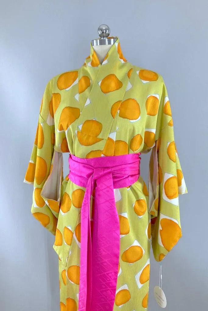 Vintage Chartreuse Silk Dot Kimono