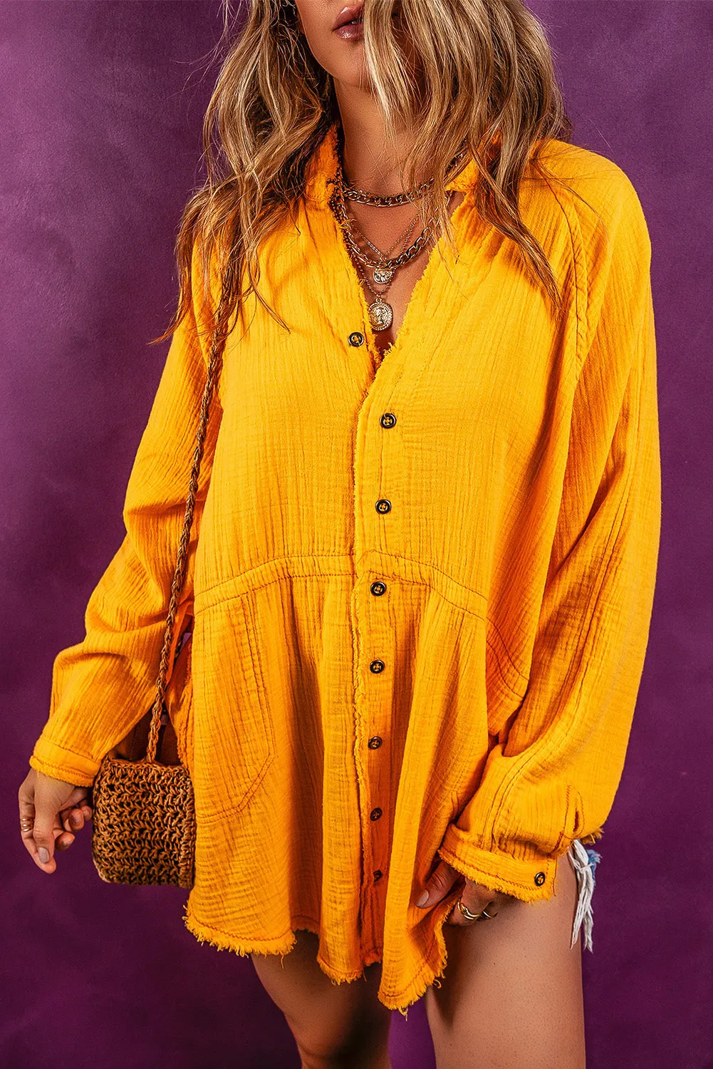 Vitality Orange Oversized Frayed Hem Crinkled Tunic Top