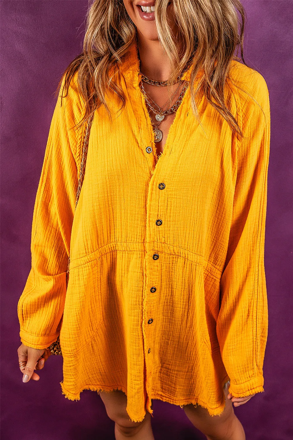 Vitality Orange Oversized Frayed Hem Crinkled Tunic Top