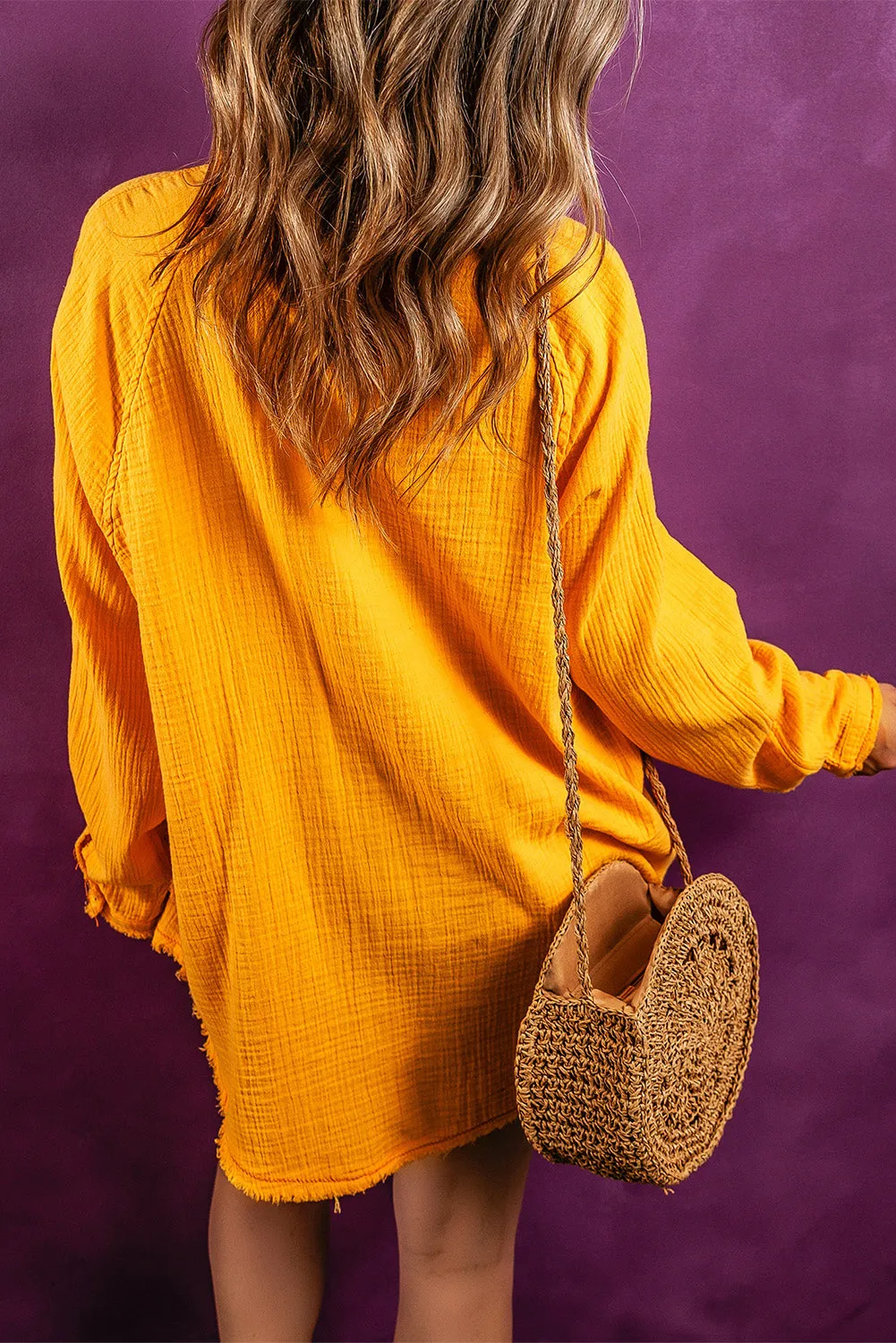 Vitality Orange Oversized Frayed Hem Crinkled Tunic Top