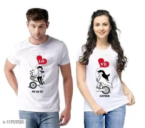 White Cotton Blend Round Neck Printed Couple T-Shirts for Men & Women