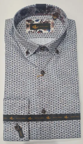 White Label Long Sleeve Flower Design Casual Shirt - Blue/White