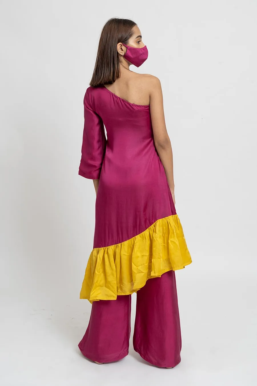 Wine & Yellow Co-Ord Set With Mask