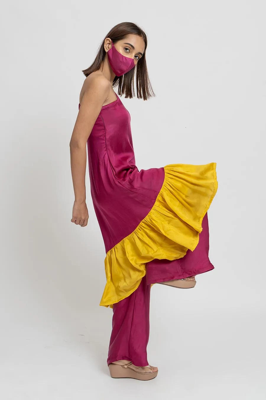 Wine & Yellow Co-Ord Set With Mask