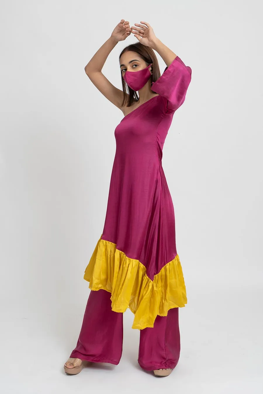 Wine & Yellow Co-Ord Set With Mask