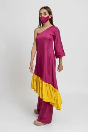 Wine & Yellow Co-Ord Set With Mask