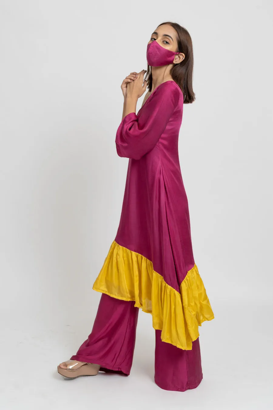 Wine & Yellow Co-Ord Set With Mask