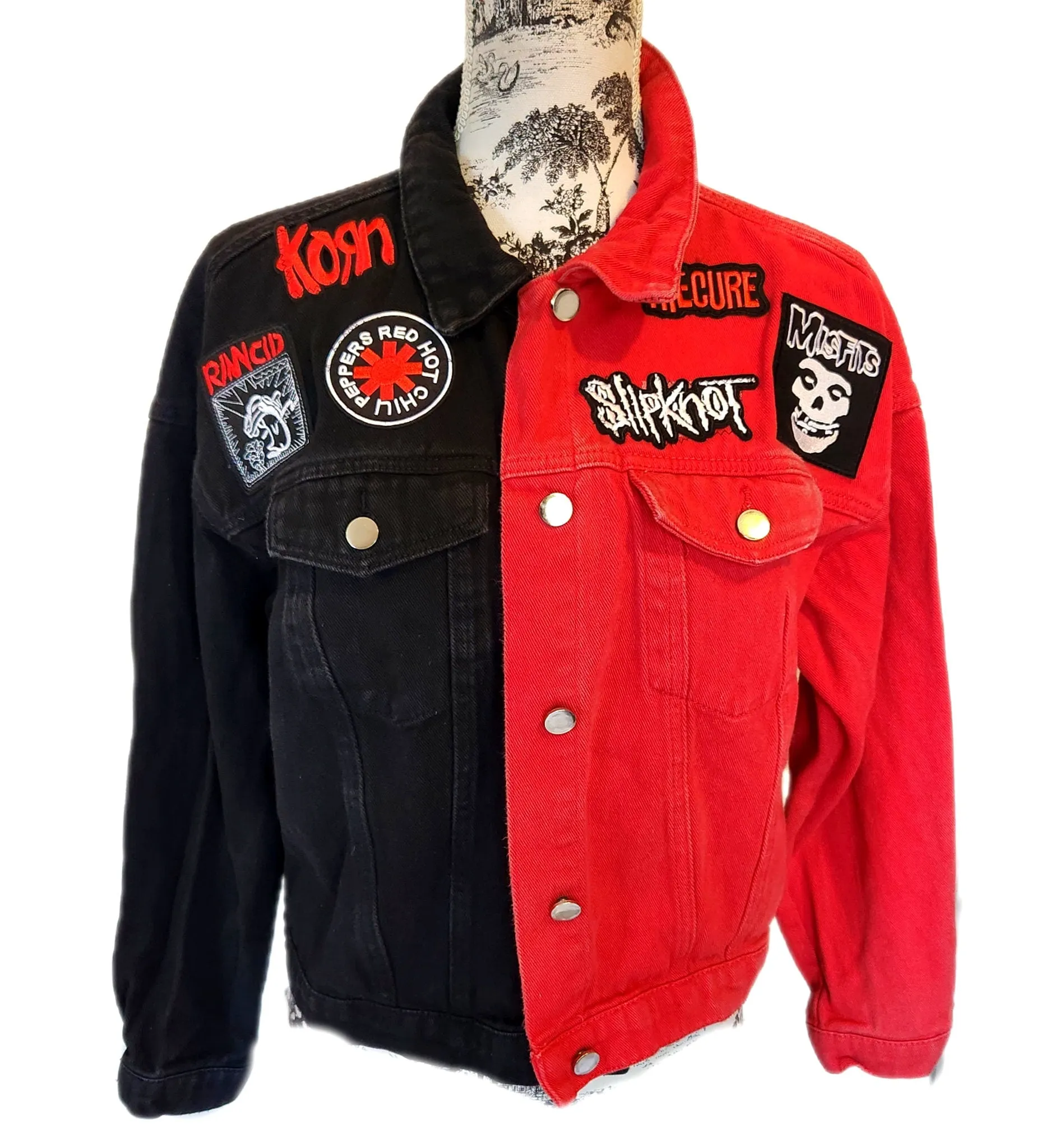 Womens black and red ROCK denim jacket- size Large