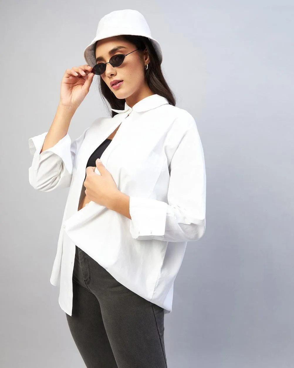 Women's Cotton Solid Longline Style - White Shirt