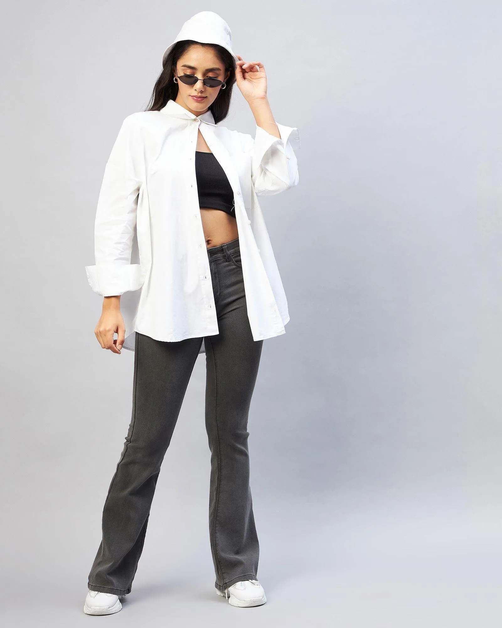 Women's Cotton Solid Longline Style - White Shirt