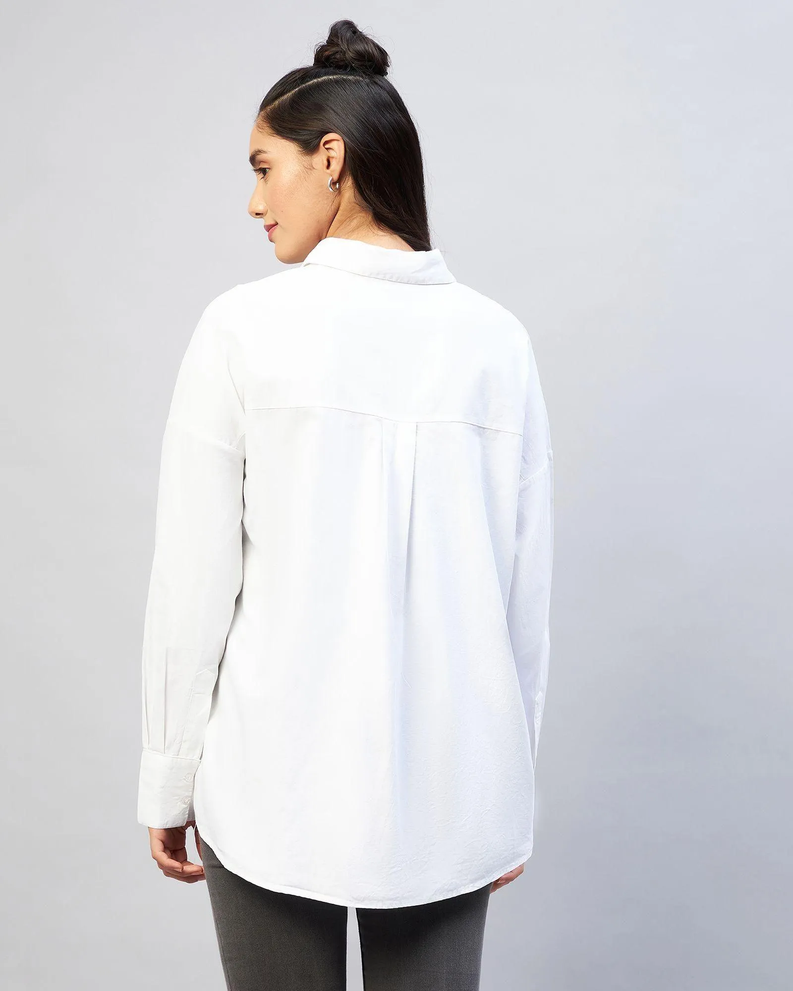 Women's Cotton Solid Longline Style - White Shirt