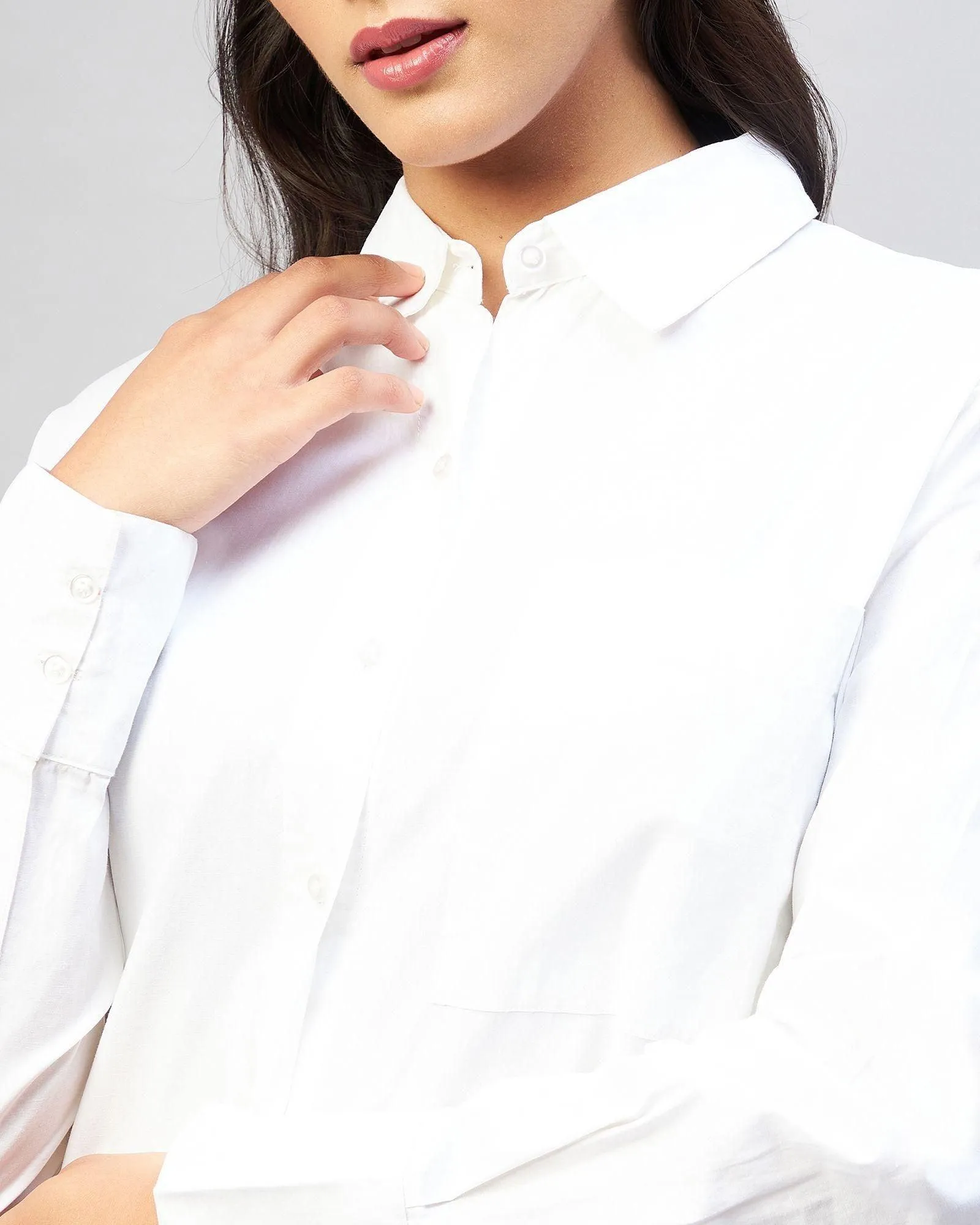 Women's Cotton Solid Longline Style - White Shirt