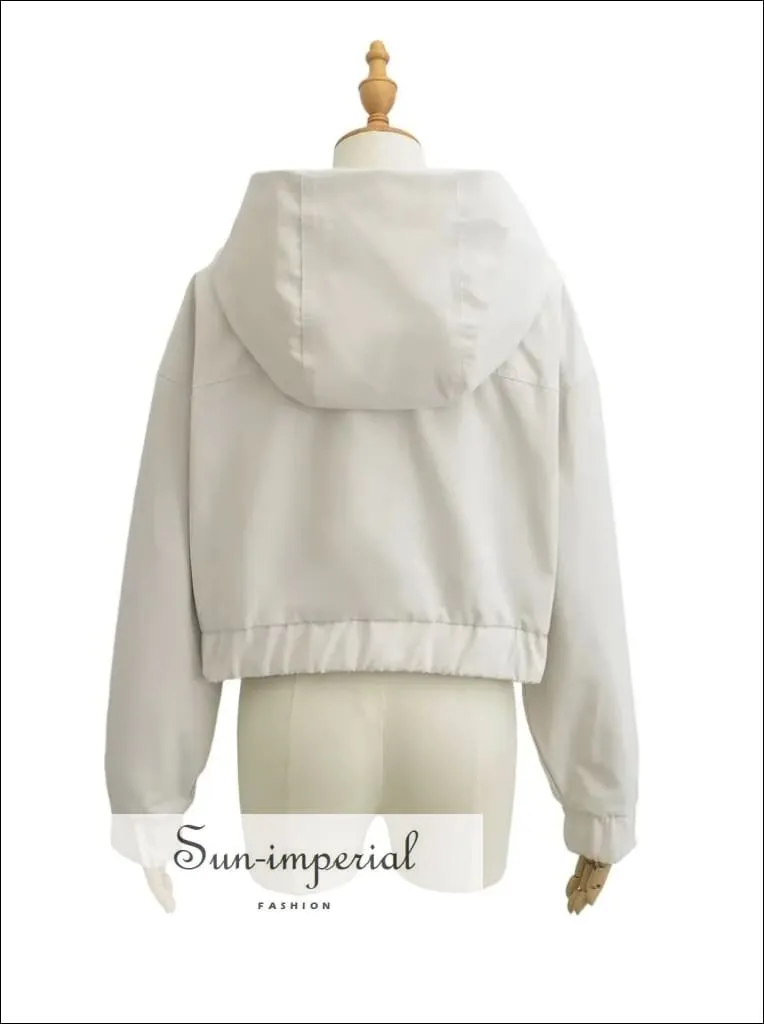 Women's Drawstring Hooded Cropped Jacket with Front Zipper