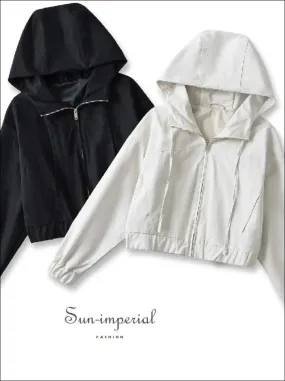 Women's Drawstring Hooded Cropped Jacket with Front Zipper