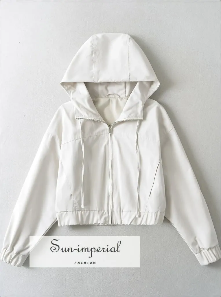 Women's Drawstring Hooded Cropped Jacket with Front Zipper