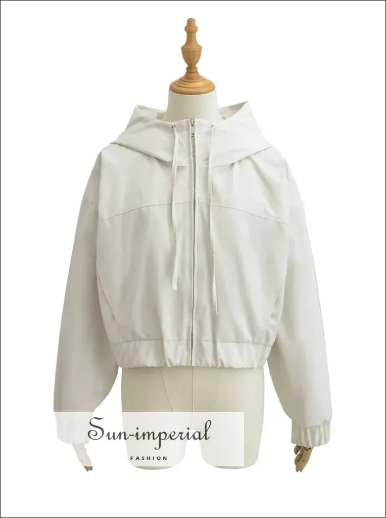 Women's Drawstring Hooded Cropped Jacket with Front Zipper
