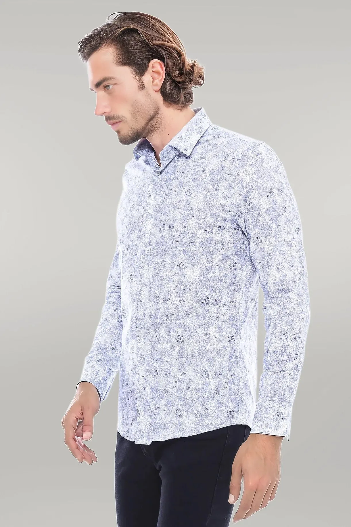 WSS Grey Flower Patterned Slim Fit Shirt  - Singen