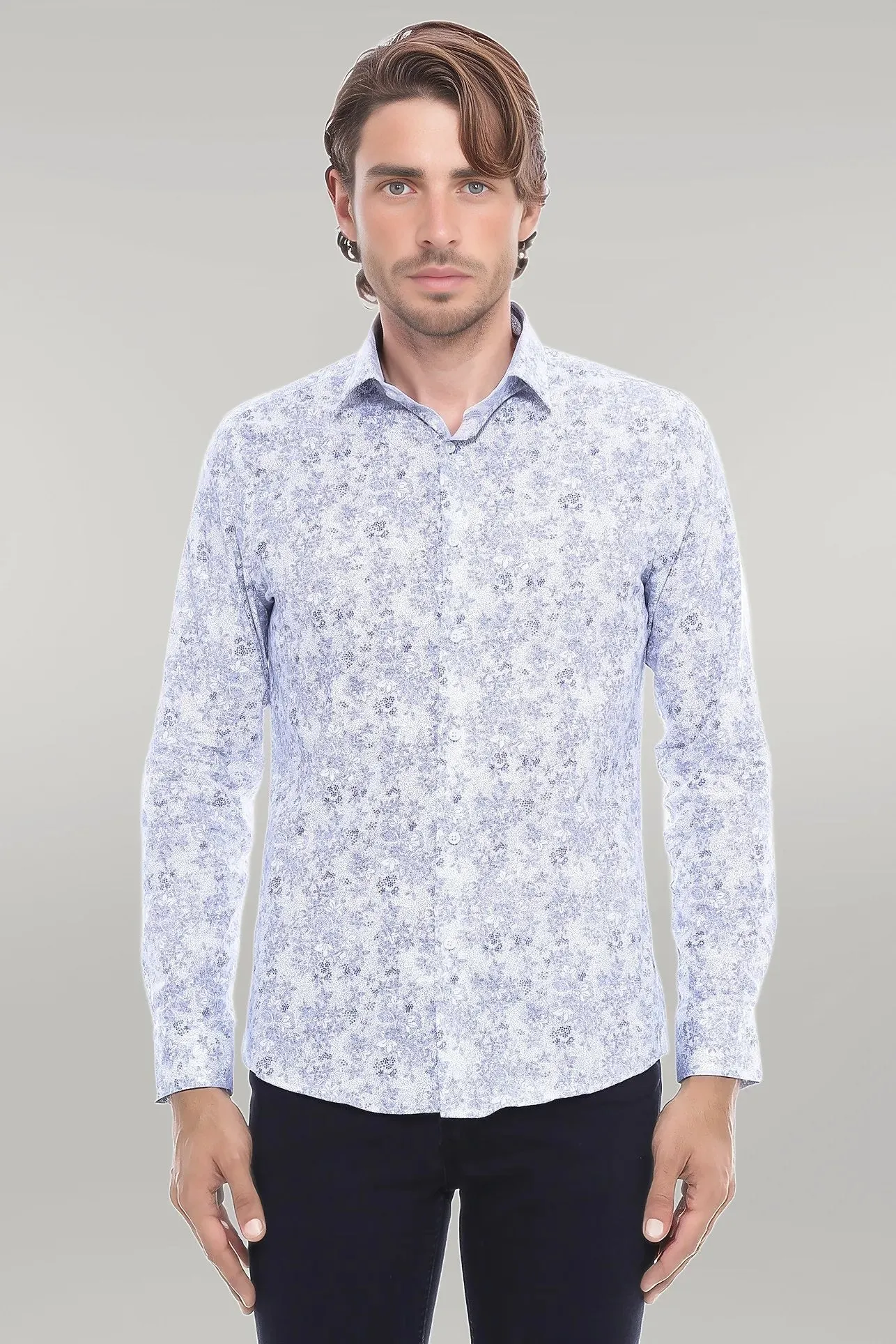 WSS Grey Flower Patterned Slim Fit Shirt  - Singen