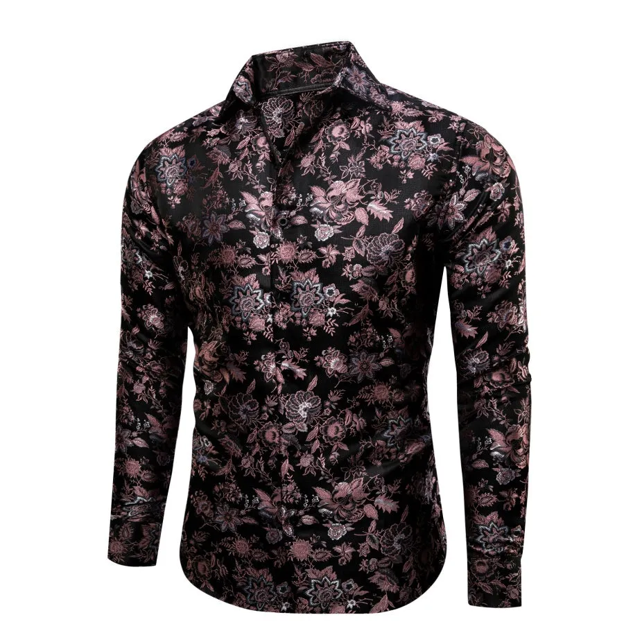 YourTies Black Mens Shirt Pink Jacquard Floral Long Sleeve Dress Shirt