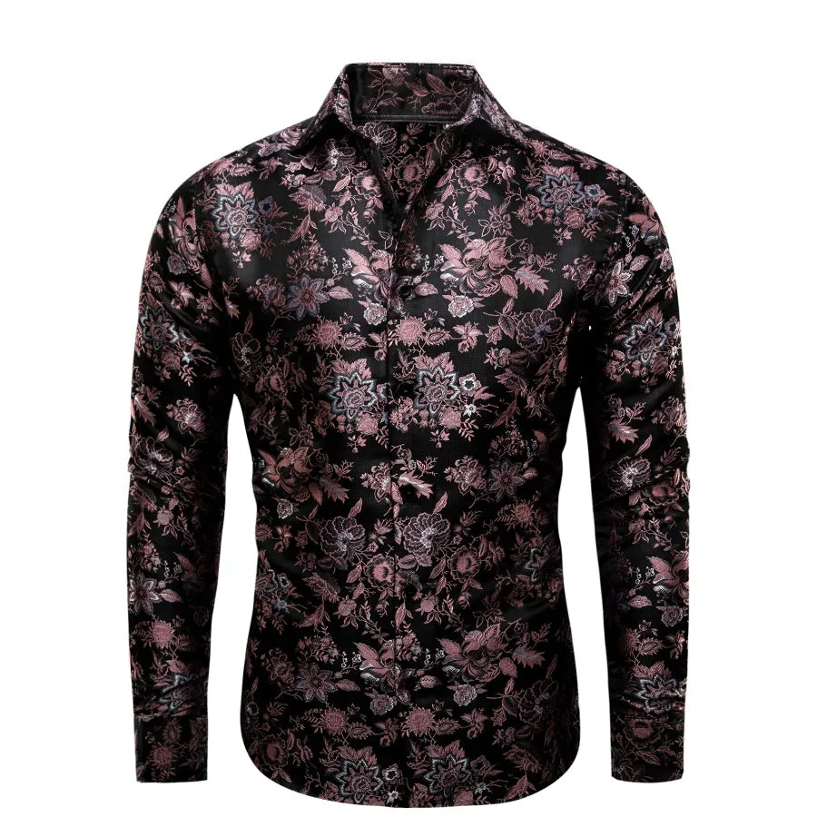 YourTies Black Mens Shirt Pink Jacquard Floral Long Sleeve Dress Shirt