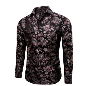 YourTies Black Mens Shirt Pink Jacquard Floral Long Sleeve Dress Shirt