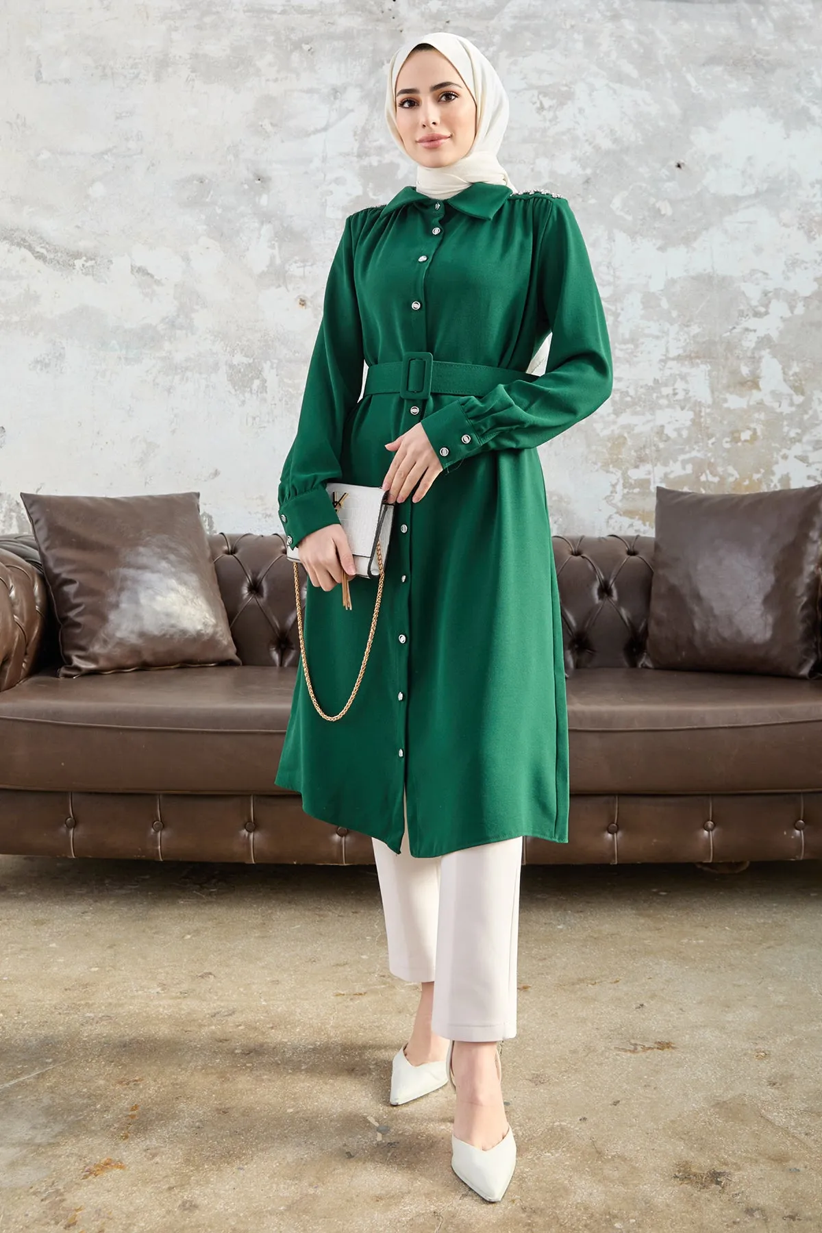 ZRF Women Belted Shoulder Stoned Tunic - Emerald - Lochau