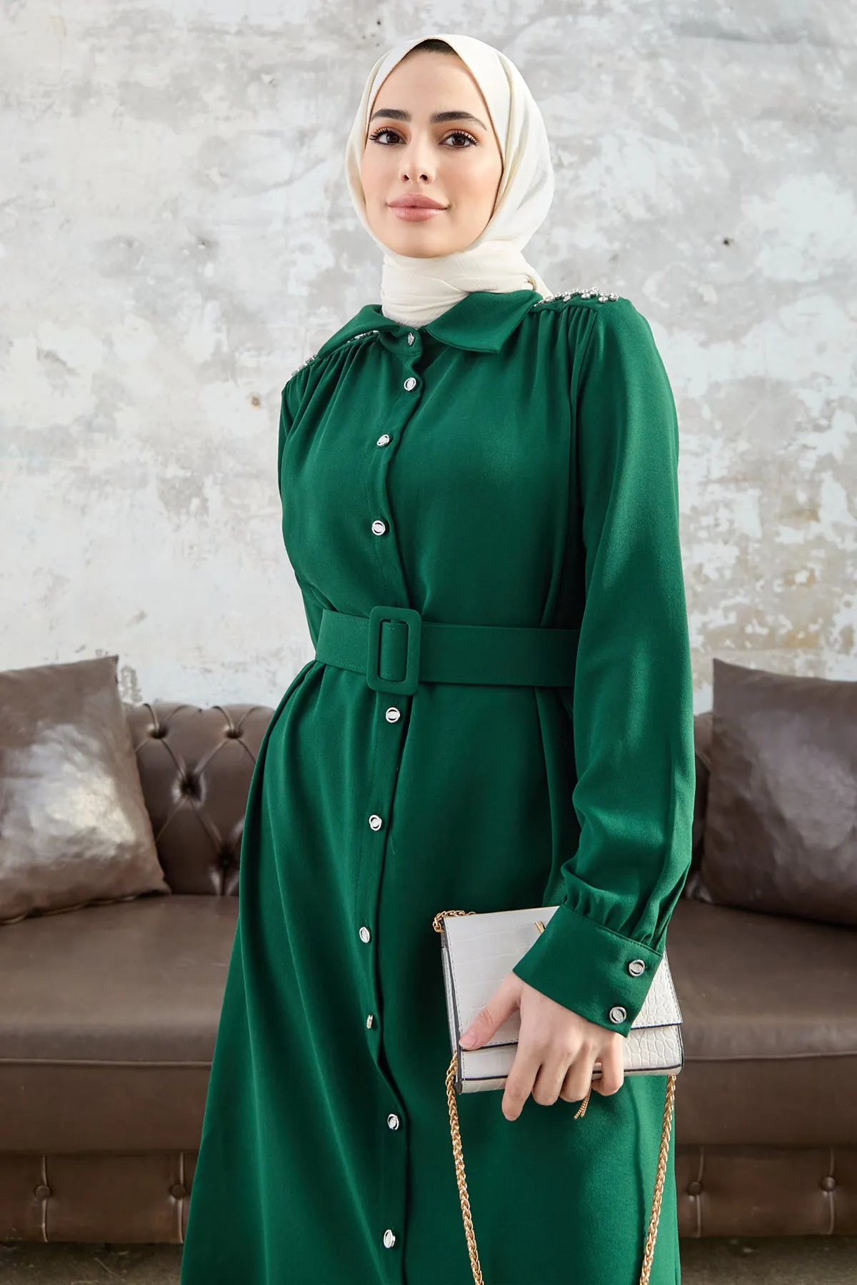 ZRF Women Belted Shoulder Stoned Tunic - Emerald - Lochau